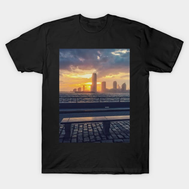 Sunset Skyline Street Lamp Bench Battery Park New York City T-Shirt by eleonoraingrid